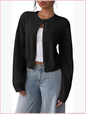 Button Down Cropped Lightweight Cardigan Sweater Cute Fall Fashion